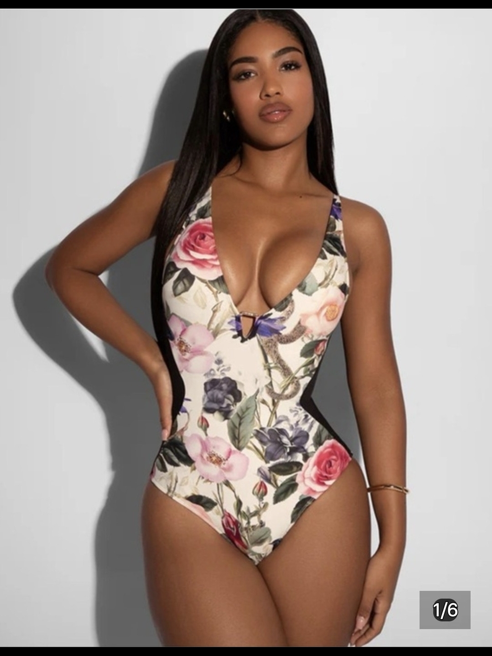 Floral V-Neck One-Piece Swimsuit - Cream with Pink & Purple Blooms Plungey, TA3